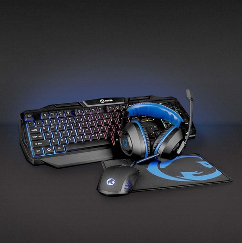 COMBO GAMING NEDIS 4 EN 1 TECLADO HEADSET RATON ALFOMBRILLA AZUL NEGRO