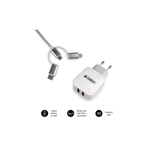 CARGADOR SUBBLIM DUAL WALL CHARGER 2.4A+CABLE 3IN1 WHITE SUB-CHG-1ZWC01