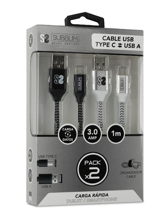 PACK 2 CABLES USB TIPO C-USBA(3.0A)BLACK/SILVER SUB-CAB-2TC001